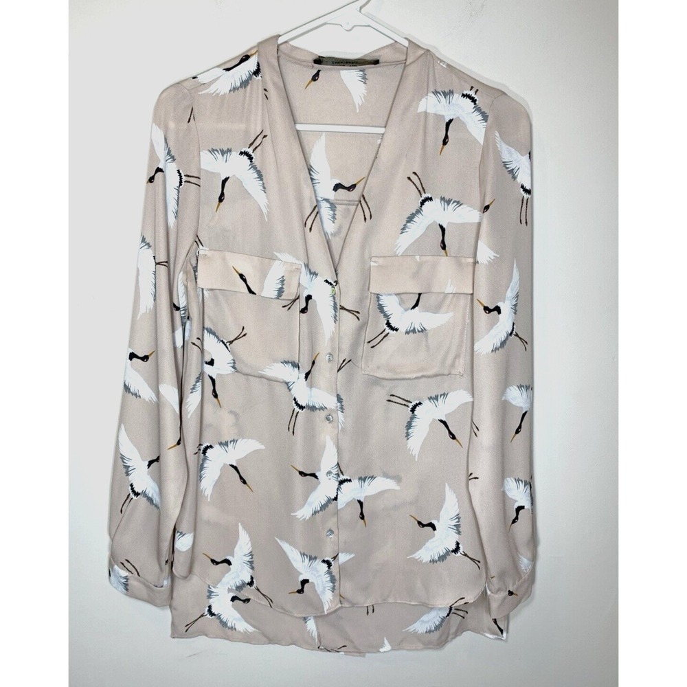Zara Basic Top Womens M Blouse Soft Pink V-Neck Long Sleeve Button Up Split Back